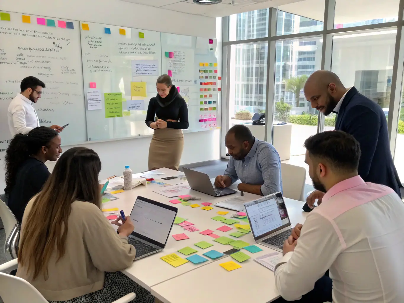 A diverse team of professionals collaborating around a table, engaged in a brainstorming session with sticky notes and laptops, symbolizing teamwork and innovation.