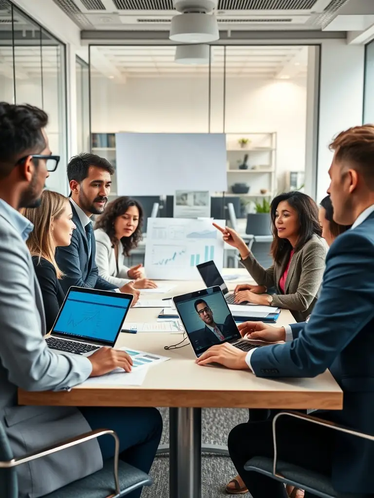 A group of professionals working together in a modern office, brainstorming ideas and strategizing for financial growth.