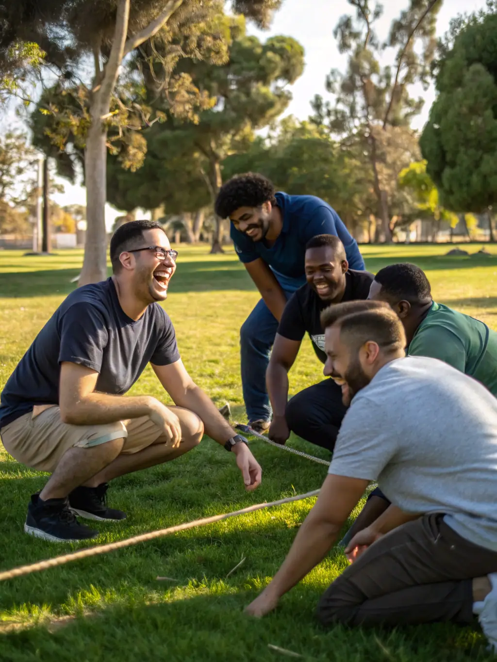 A diverse team actively participating in a team-building exercise outdoors, showcasing collaboration and engagement.
